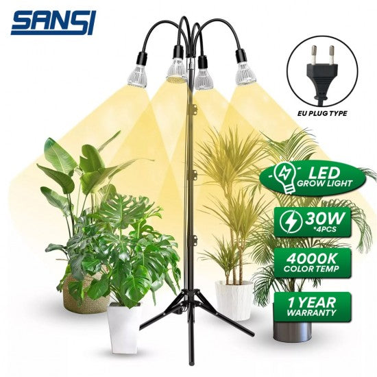 SANSI 30W x 4PCS LED Grow Light Bulb 4000K Daylight Full Spectrum E27 With 360° Adjustable Gooseneck + Tripod Stand